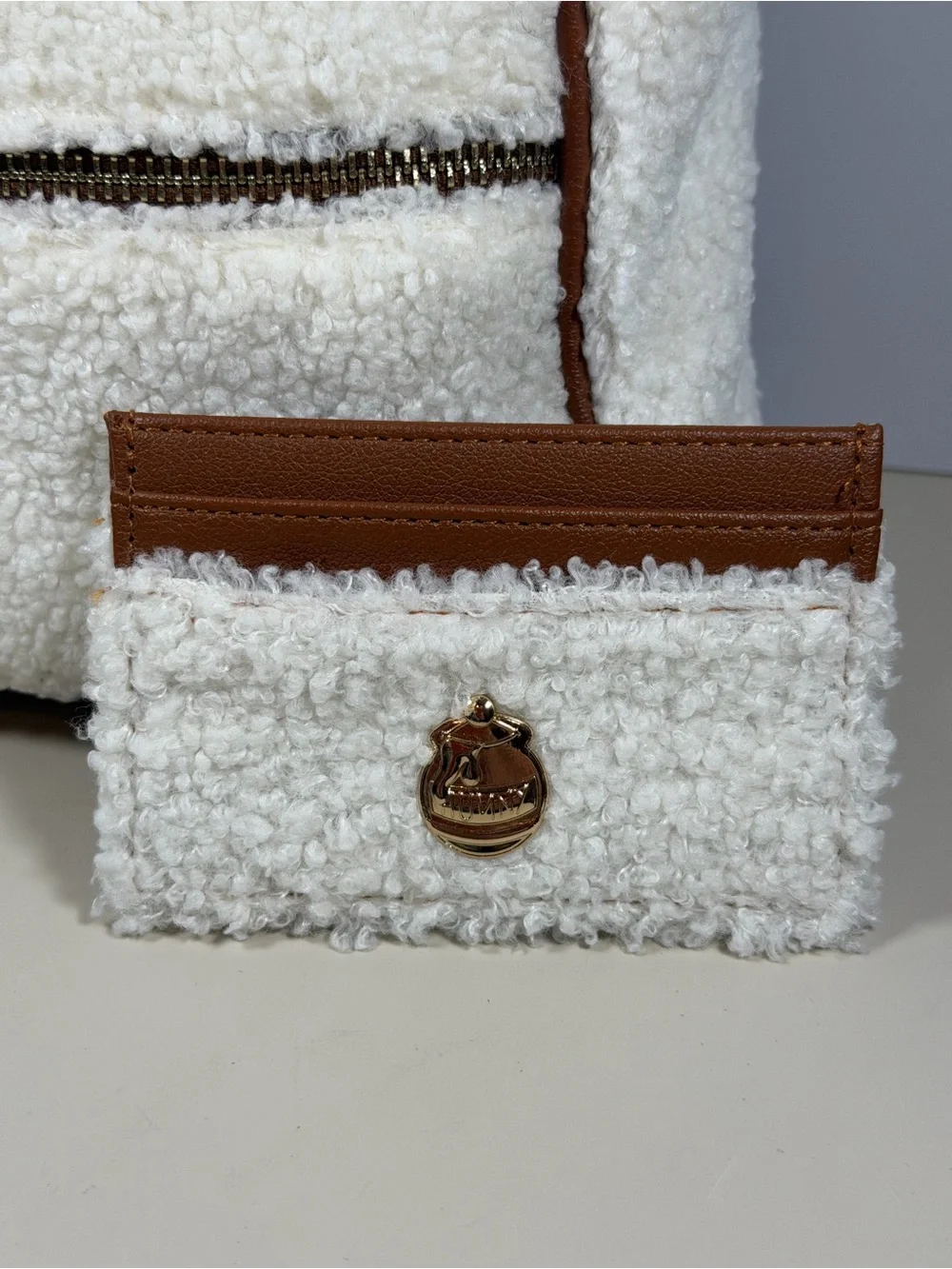 Disney Cream Sherpa Backpack and Card Wallet with Brown Trim